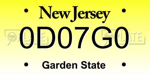 0D07G0 New Jersey License Plate