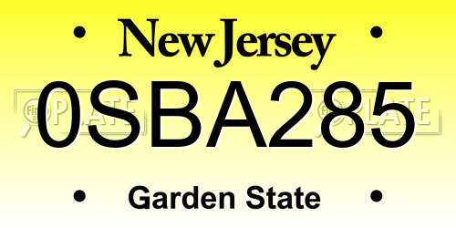 0SBA285 New Jersey License Plate