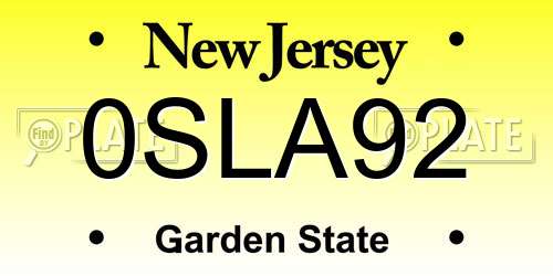 0SLA92 New Jersey License Plate