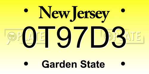0T97D3 New Jersey License Plate