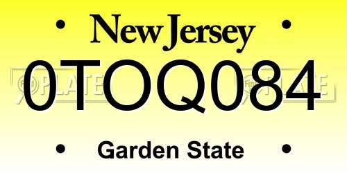 0TOQ084 New Jersey License Plate