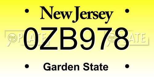 0ZB978 New Jersey License Plate