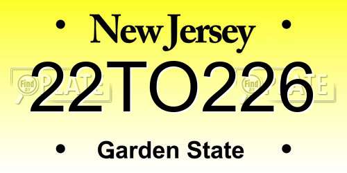 22TO226 New Jersey License Plate