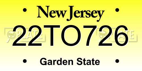 22TO726 New Jersey License Plate