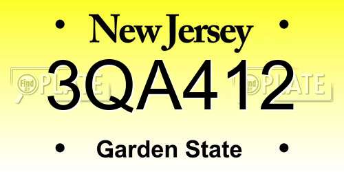3QA412 New Jersey License Plate