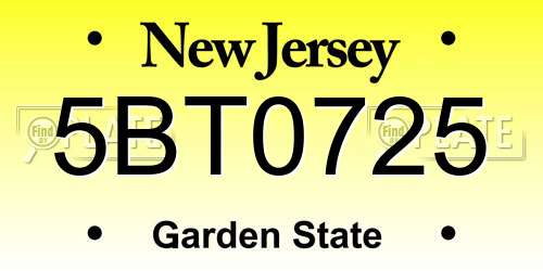 5BT0725 New Jersey License Plate