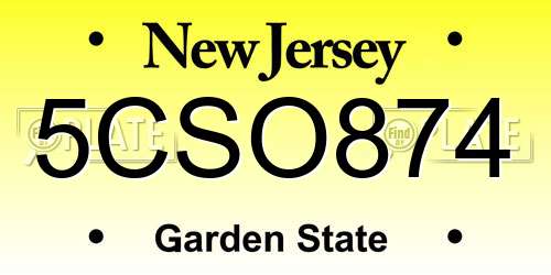 5CSO874 New Jersey License Plate