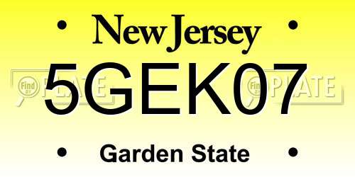 5GEK07 New Jersey License Plate