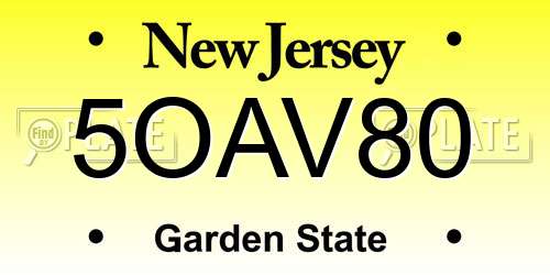 5OAV80 New Jersey License Plate