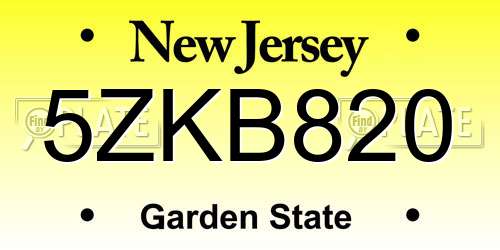 5ZKB820 New Jersey License Plate