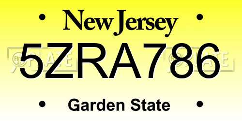 5ZRA786 New Jersey License Plate
