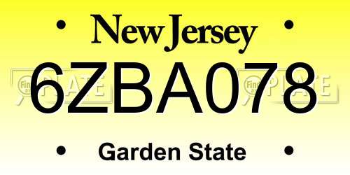 6ZBA078 New Jersey License Plate