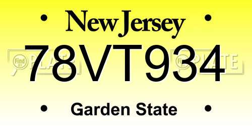 78VT934 New Jersey License Plate