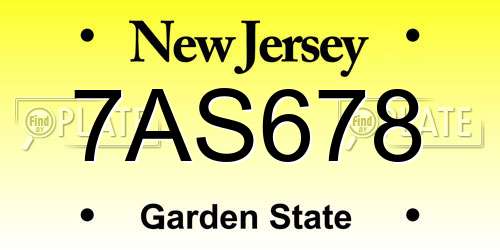 7AS678 New Jersey License Plate