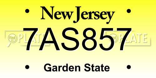 7AS857 New Jersey License Plate