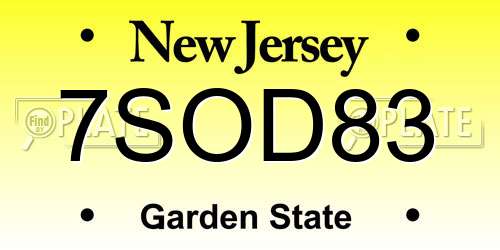 7SOD83 New Jersey License Plate
