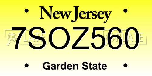 7SOZ560 New Jersey License Plate