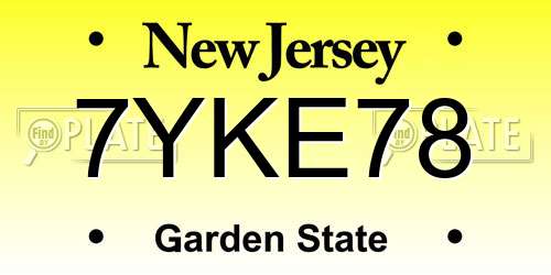 7YKE78 New Jersey License Plate