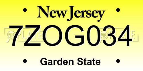 7ZOG034 New Jersey License Plate