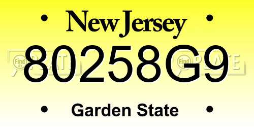 80258G9 New Jersey License Plate