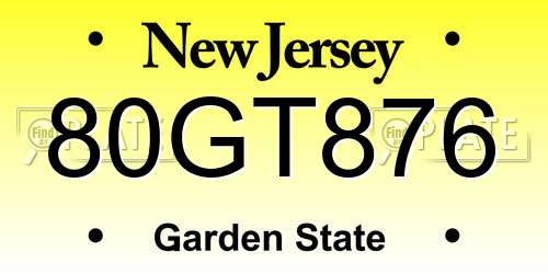 80GT876 New Jersey License Plate