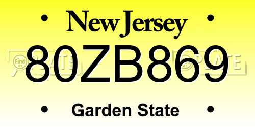 80ZB869 New Jersey License Plate