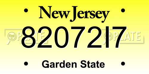 82072I7 New Jersey License Plate