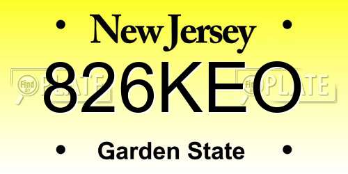 826KEO New Jersey License Plate