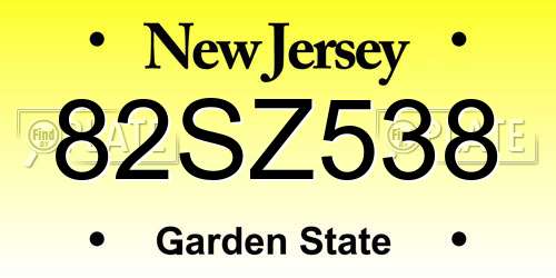 82SZ538 New Jersey License Plate