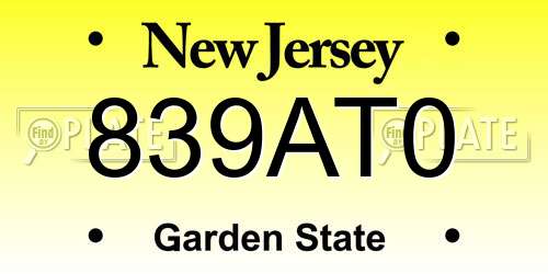 839AT0 New Jersey License Plate