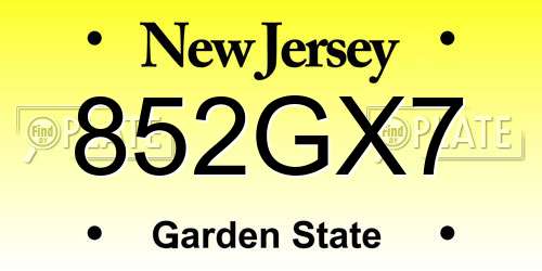 852GX7 New Jersey License Plate