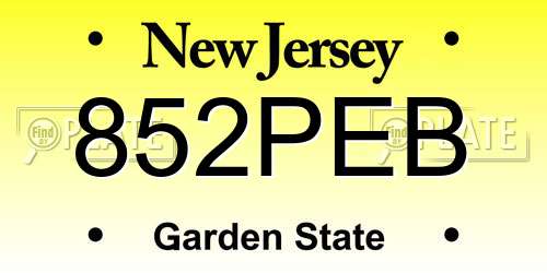 852PEB New Jersey License Plate