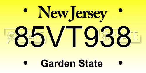 85VT938 New Jersey License Plate
