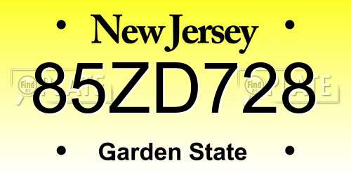 85ZD728 New Jersey License Plate