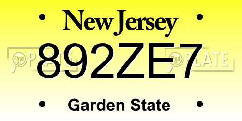892ZE7 New Jersey License Plate