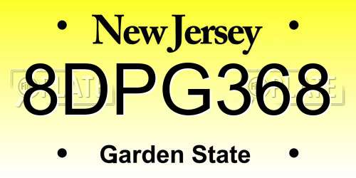 8DPG368 New Jersey License Plate