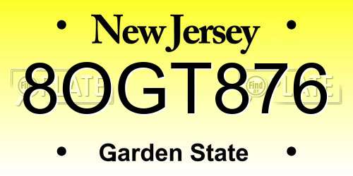 8OGT876 New Jersey License Plate