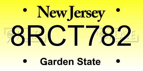 8RCT782 New Jersey License Plate