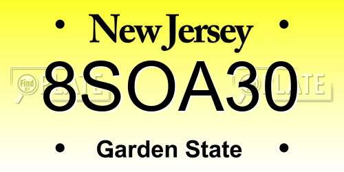 8SOA30 New Jersey License Plate