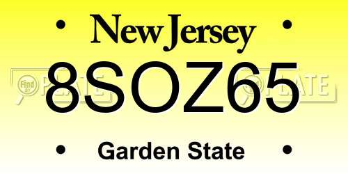8SOZ65 New Jersey License Plate