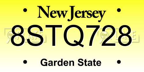 8STQ728 New Jersey License Plate