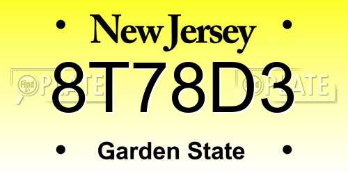 8T78D3 New Jersey License Plate
