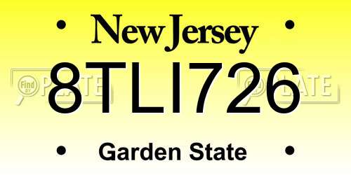 8TLI726 New Jersey License Plate