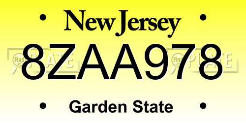 8ZAA978 New Jersey License Plate