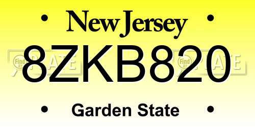 8ZKB820 New Jersey License Plate
