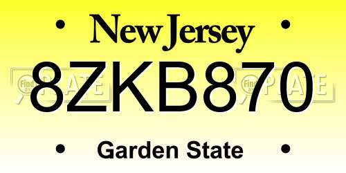 8ZKB870 New Jersey License Plate