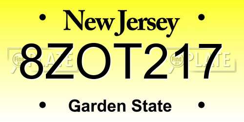 8ZOT217 New Jersey License Plate