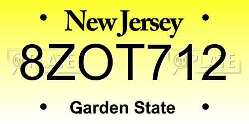 8ZOT712 New Jersey License Plate