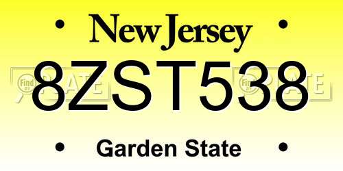 8ZST538 New Jersey License Plate