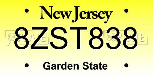 8ZST838 New Jersey License Plate